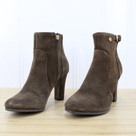 TORY BURCH Brown Suede Side Zip Ankle Stacked Heels Booties Size 7 M - Picture 2 of 9